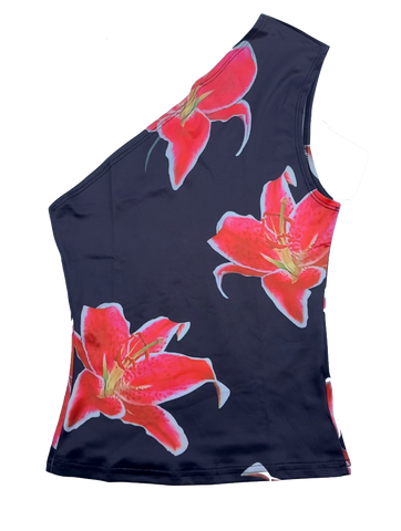 One Shoulder Black Floral Top