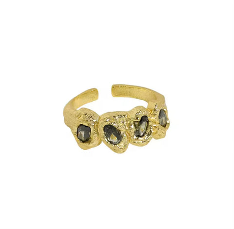 Textured Gold Ring | Black Gems